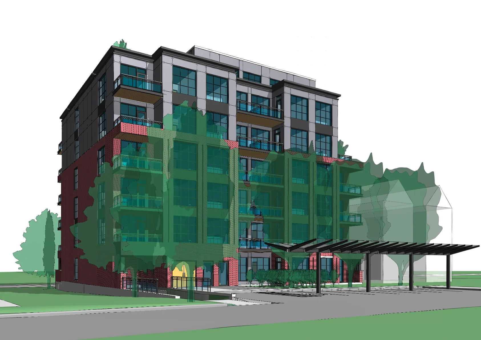 Massing rendering of Bayview Lofts with landscaping