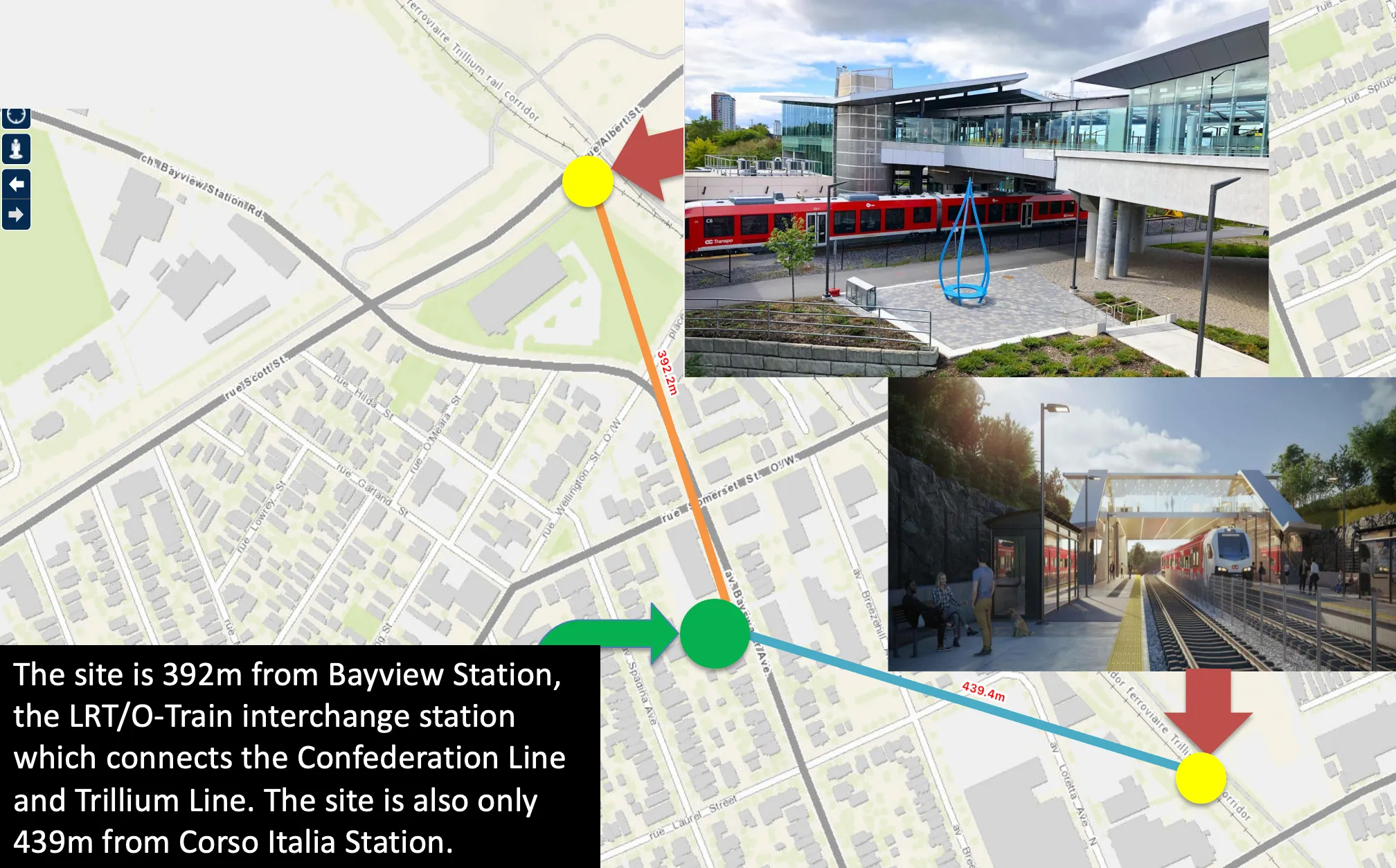 Map showing Bayview Lofts 390 m from Bayview LRT/O-Train station