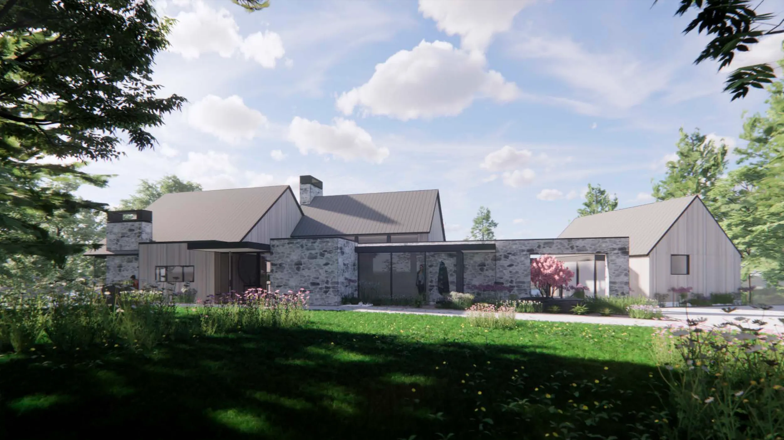 Exterior rendering of the contemporary lake house at dusk