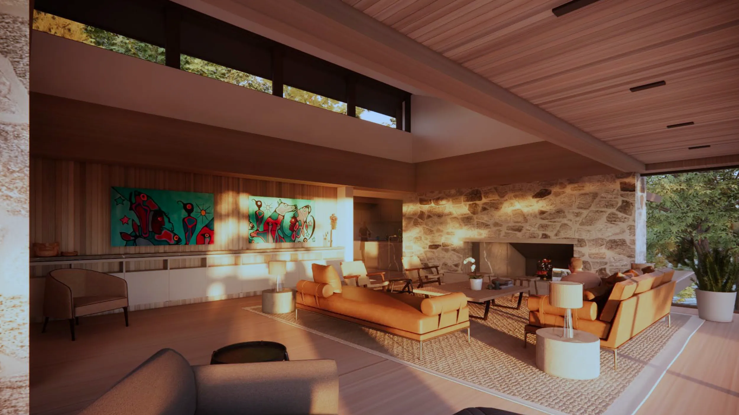Rendering of the lake house great room with lake views