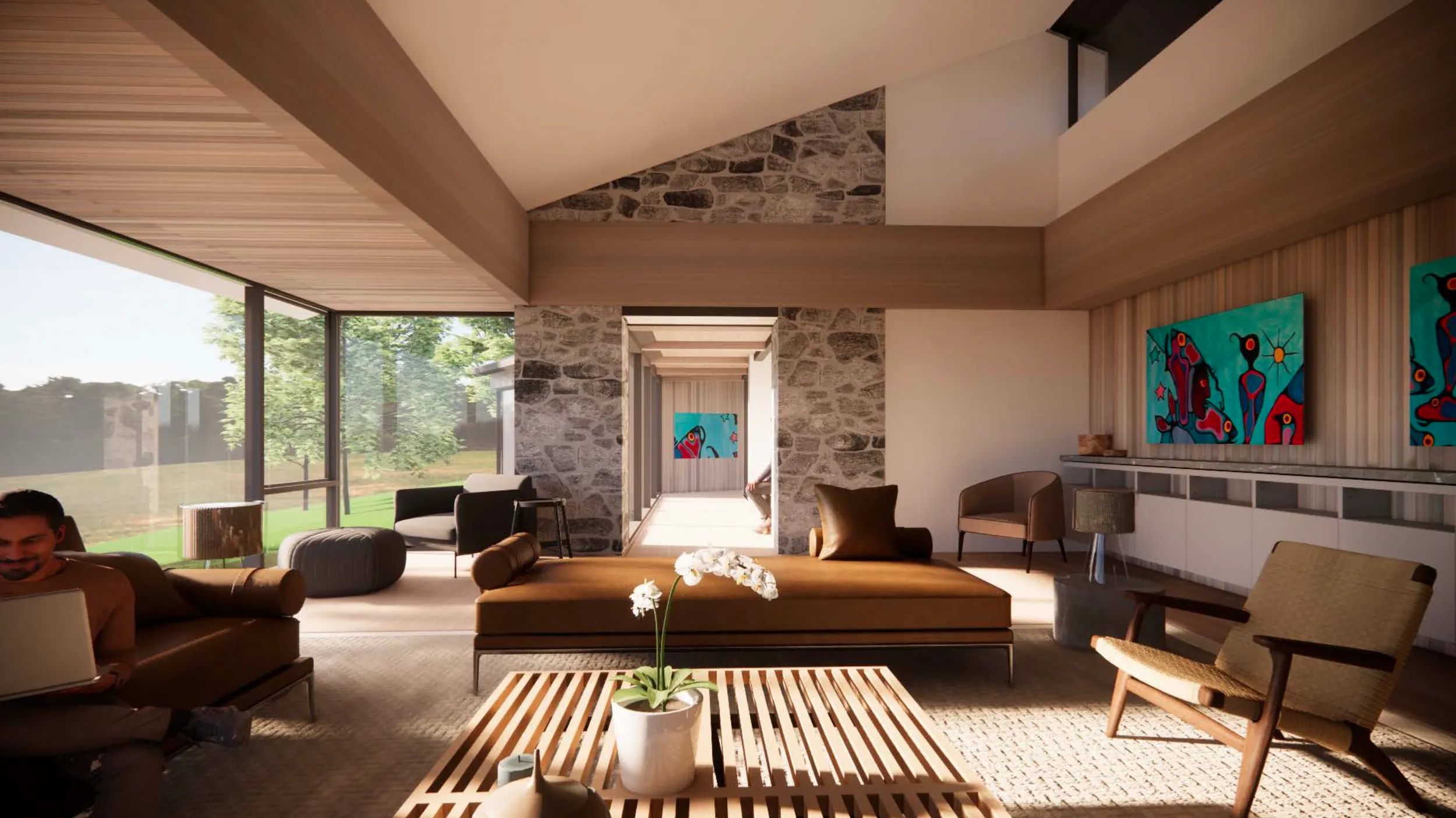Rendering of the lake house spa lounge opening to the forest