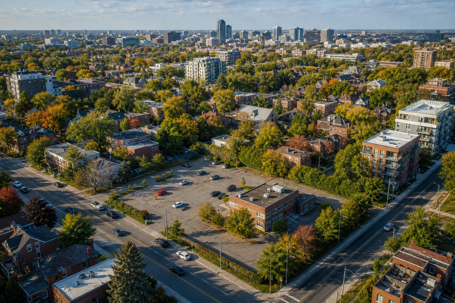 Conceptual aerial view of an underused urban property in an Ottawa neighbourhood